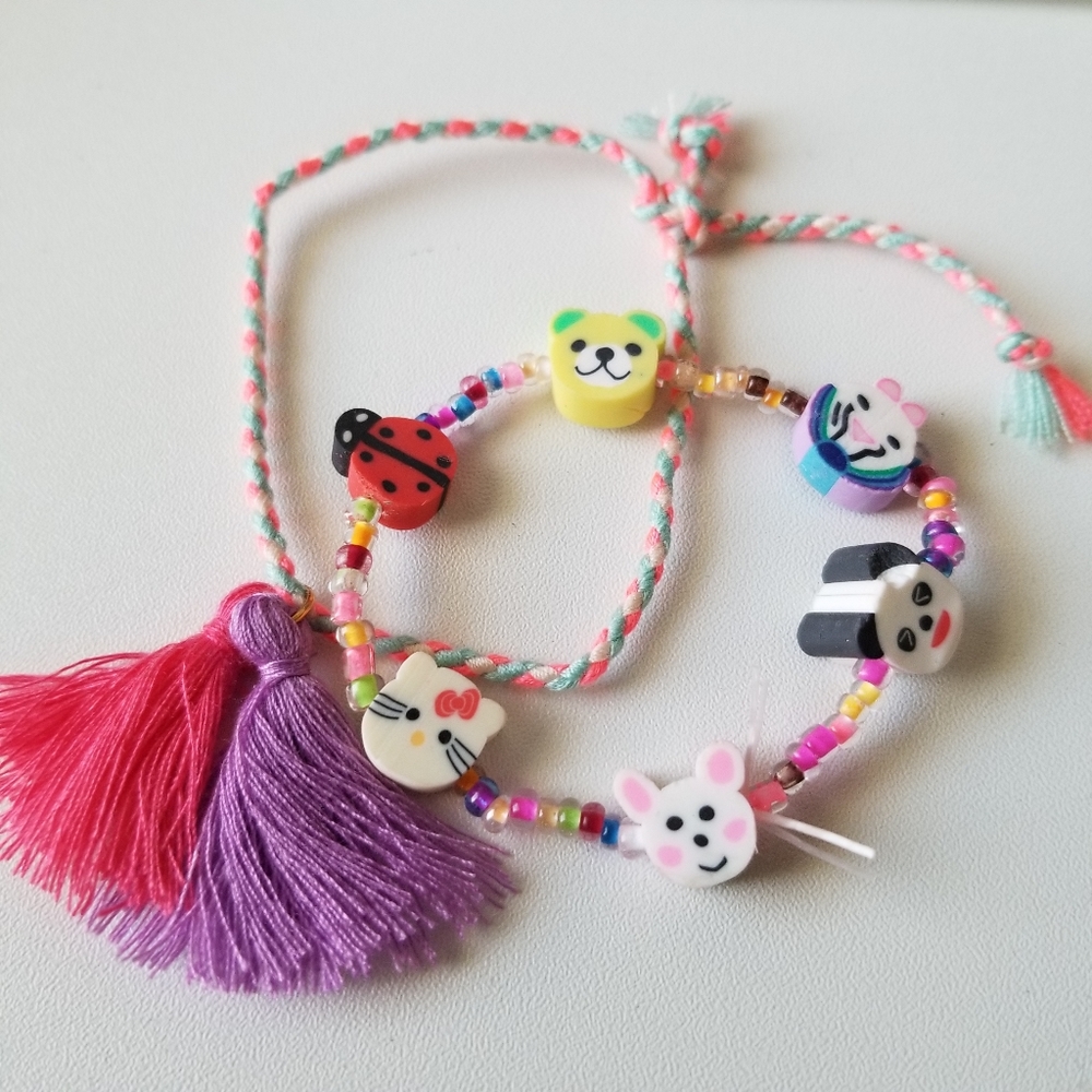 KAWAII 2 pcs adjustable Cartoon Hello Kitty,Panda Bracelet with Tassels New